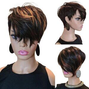 Short Pixie Cut Wig for Black Women Human Hair Nature looking Black Mixed Blonde